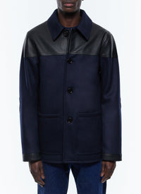 Blouson bi-matière en laine et cuir - Bleu Marine