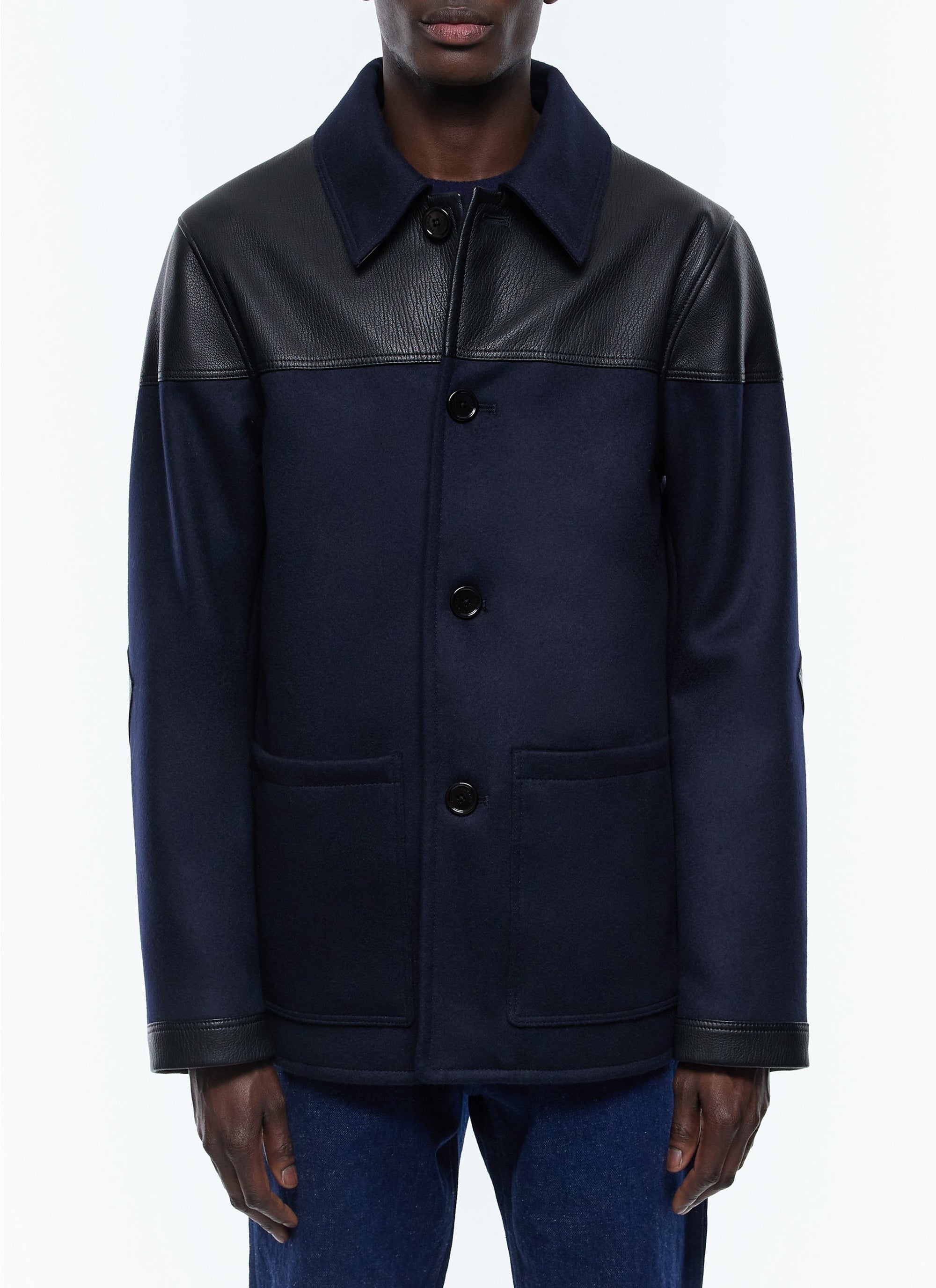 Blouson bi-matière en laine et cuir - Bleu Marine