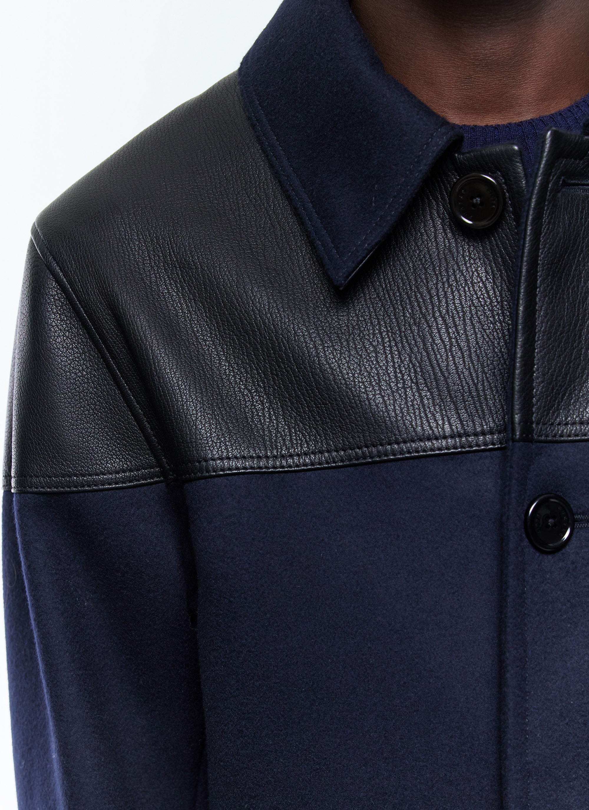 Blouson bi-matière en laine et cuir - Bleu Marine