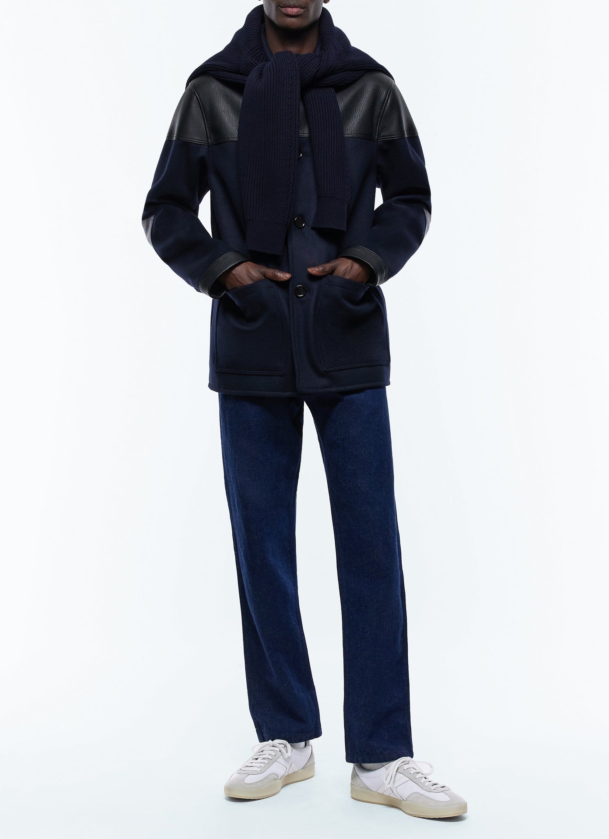 Blouson bi-matière en laine et cuir - Bleu Marine