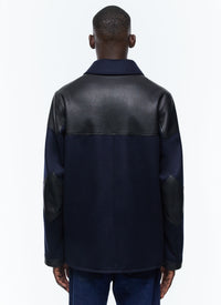 Blouson bi-matière en laine et cuir - Bleu Marine