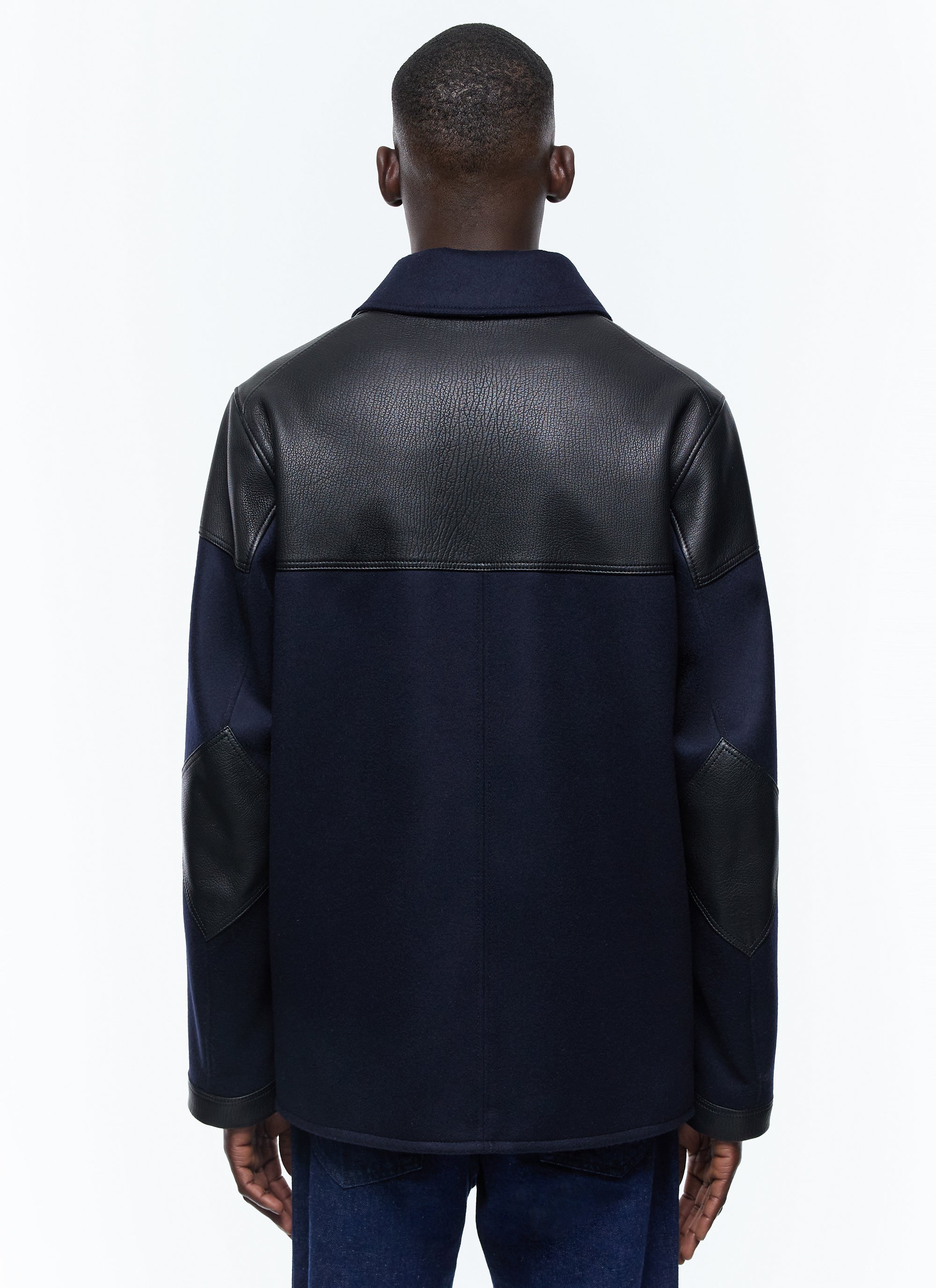 Blouson bi-matière en laine et cuir - Bleu Marine