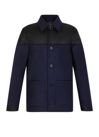 Blouson bi-matière en laine et cuir - Bleu Marine