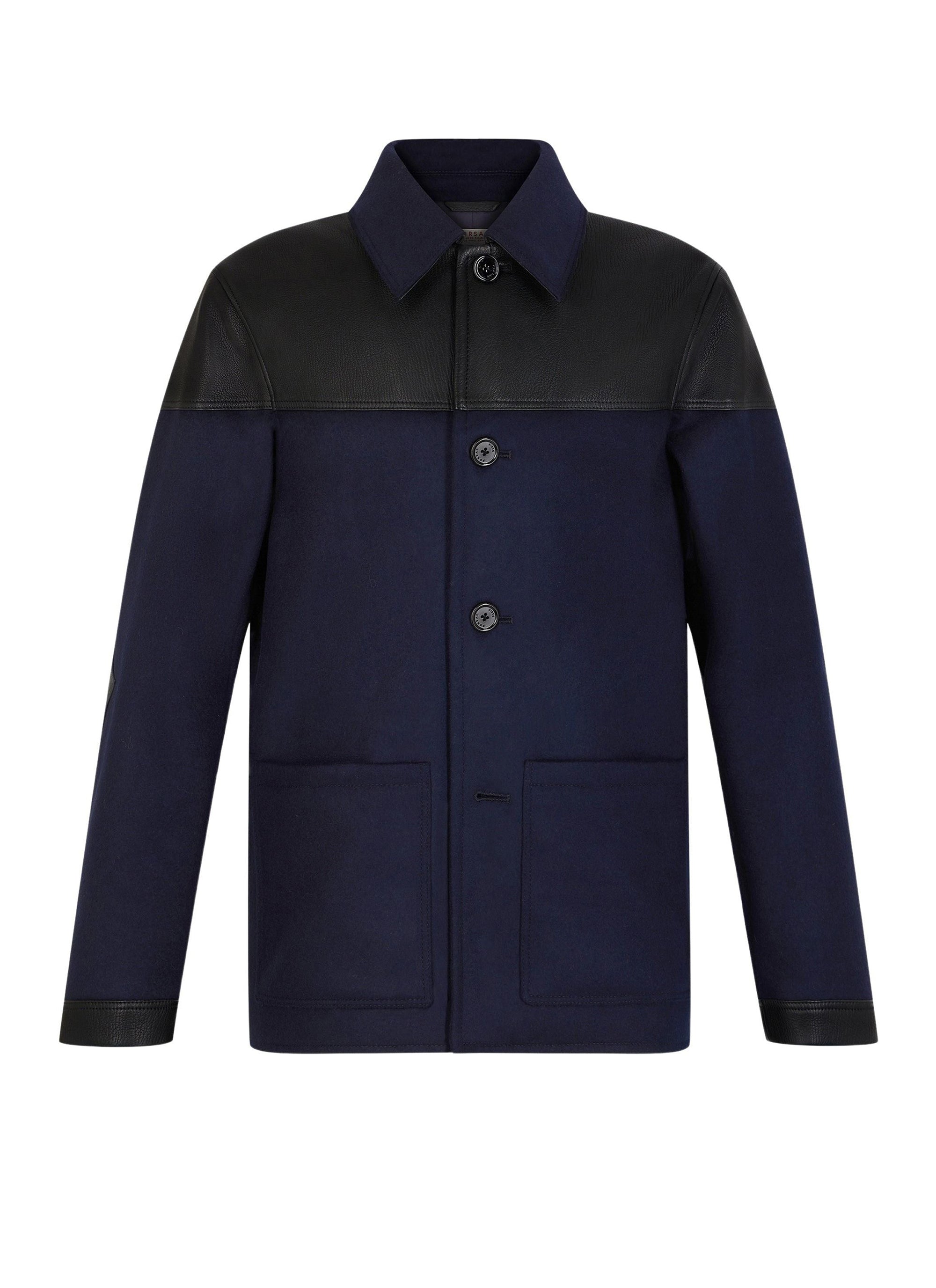 Blouson bi-matière en laine et cuir - Bleu Marine