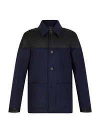 Blouson bi-matière en laine et cuir - Marine