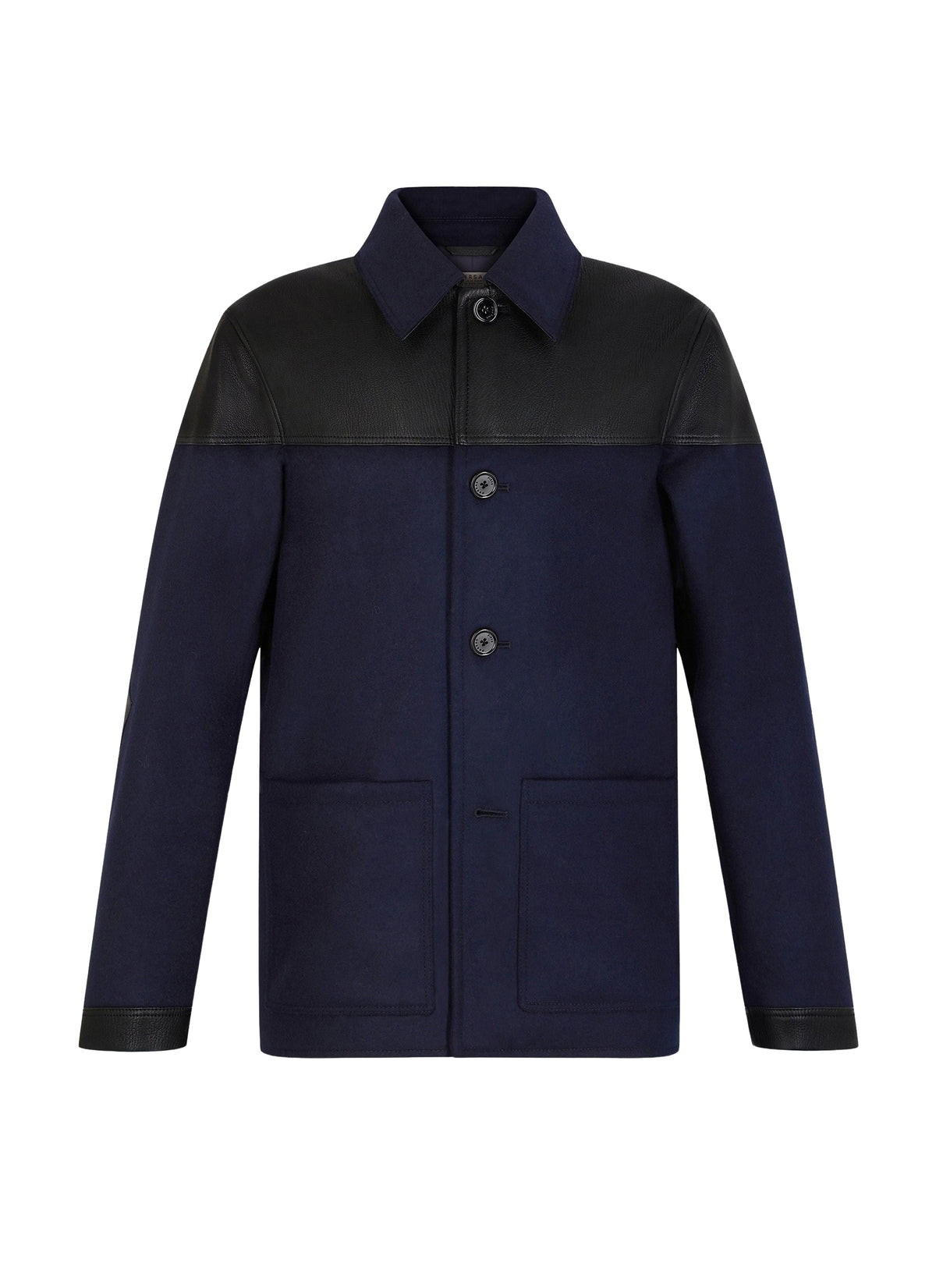 Blouson bi-matière en laine et cuir - Marine