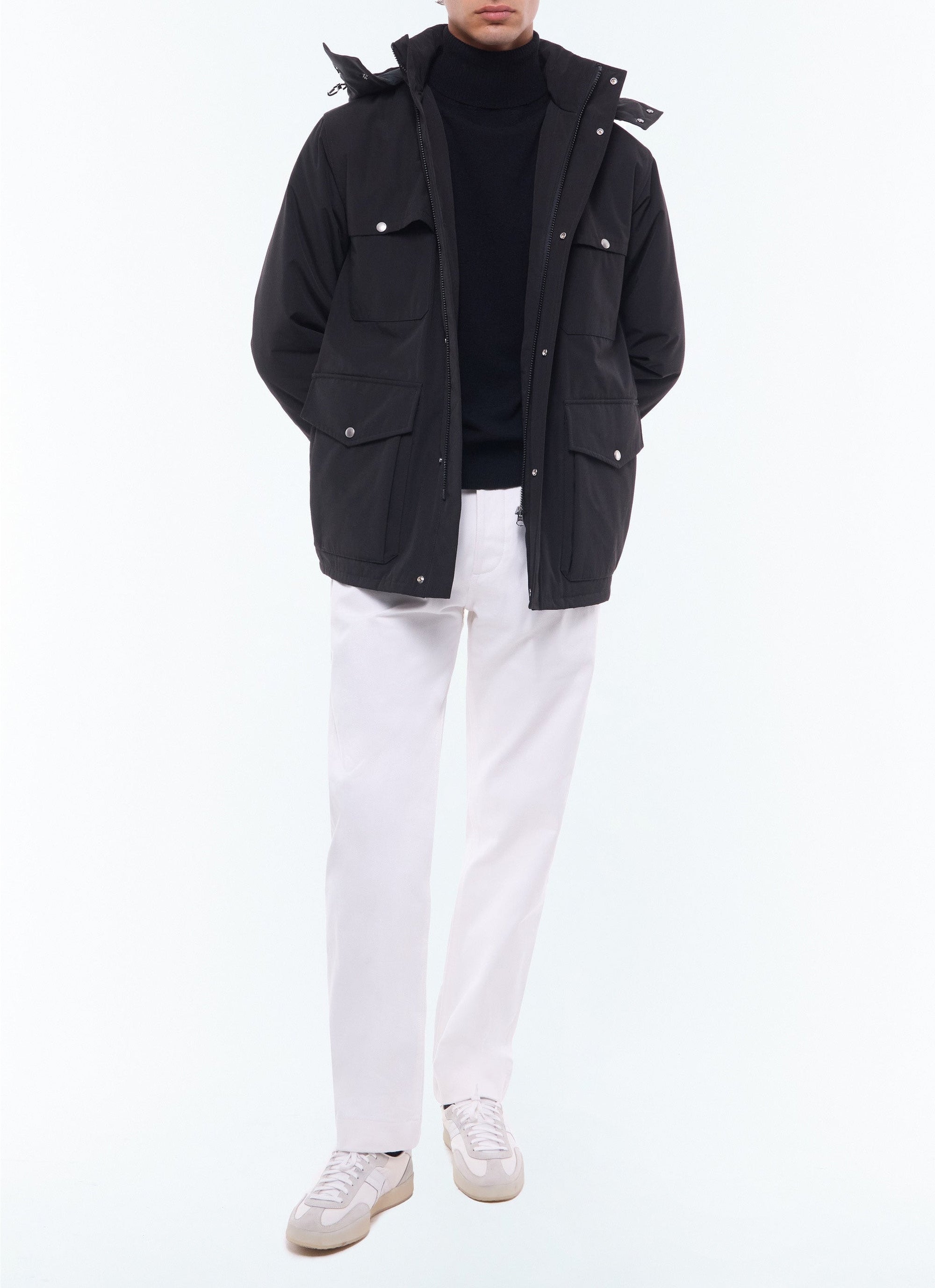 Multi-pocket quilted parka in technical canvas - Black