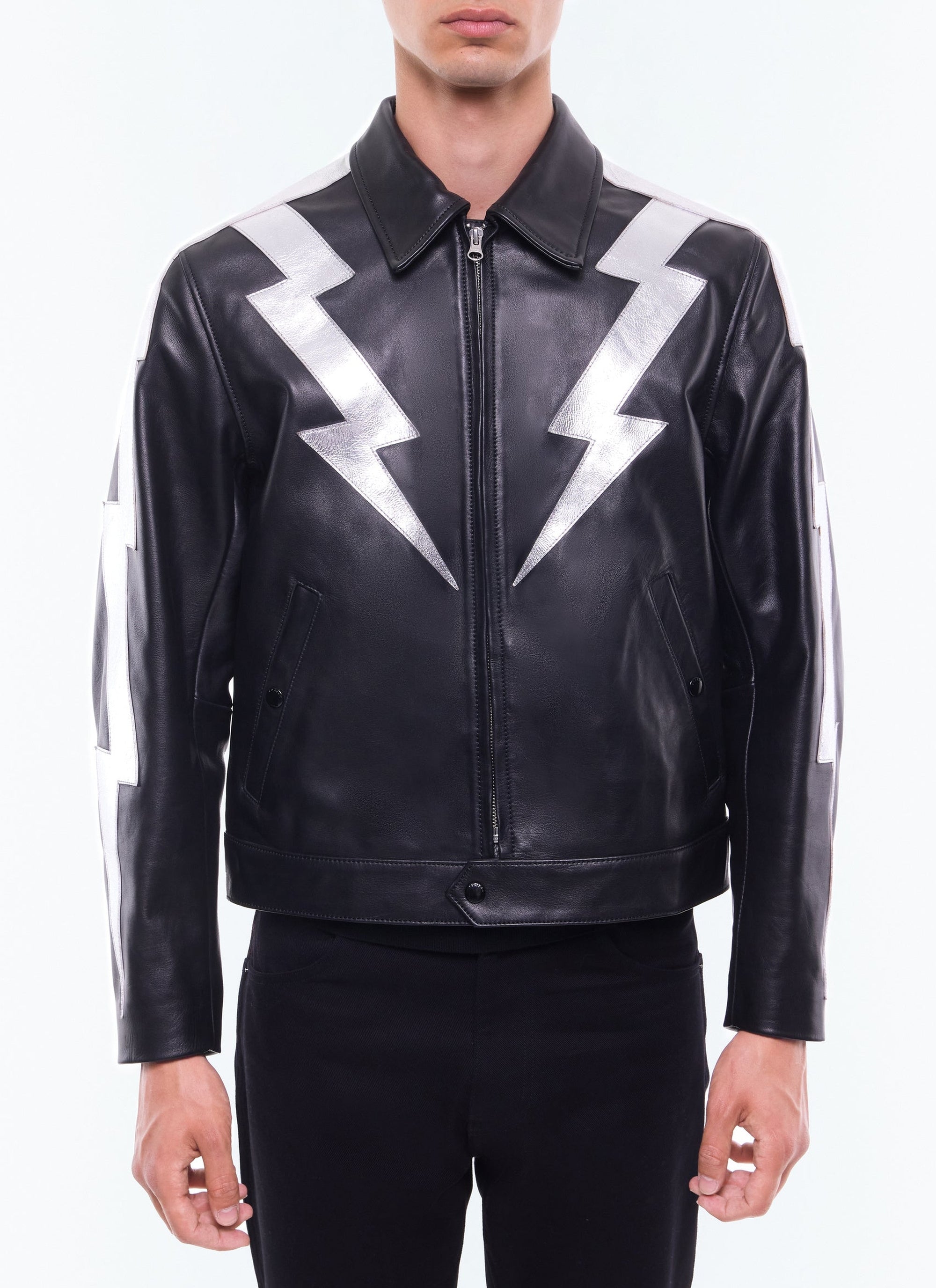 Blouson en cuir avec empiècement éclair - Noir