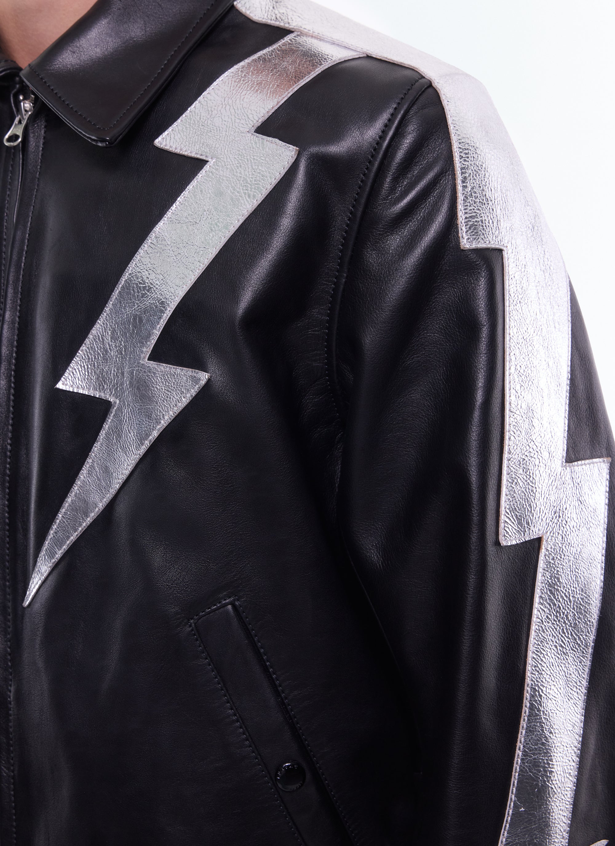 Blouson en cuir avec empiècement éclair - Noir