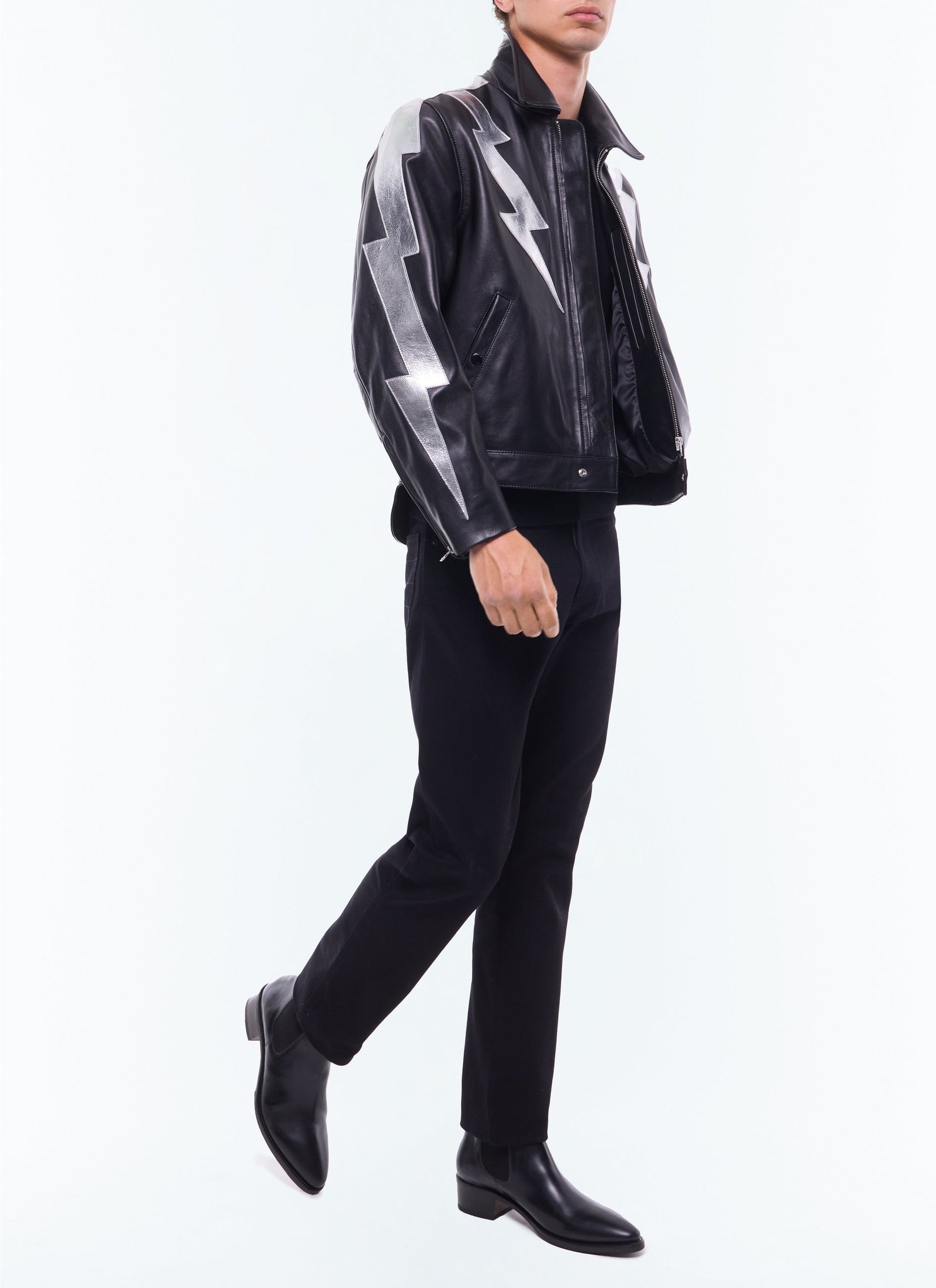 Blouson en cuir avec empiècement éclair - Noir