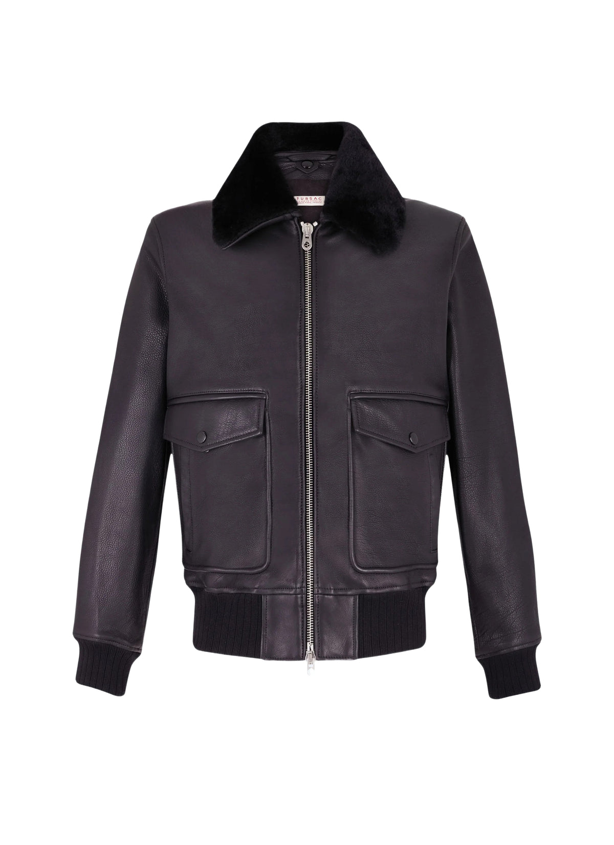 Leather and wool bomber jacket with detachable collar - Black