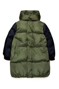 Long hooded down jacket - Olive Green & Black
