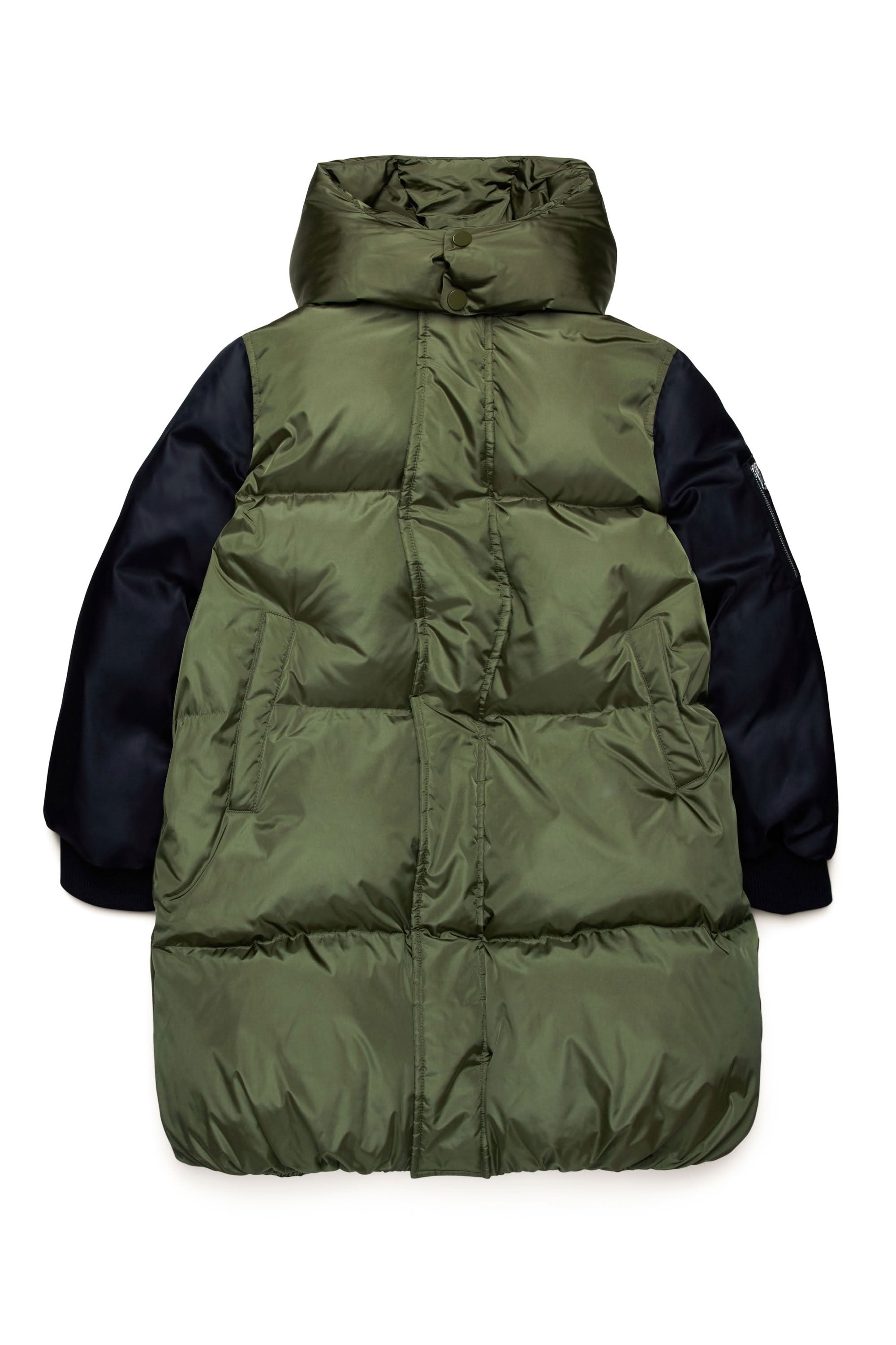 Long hooded down jacket - Olive Green & Black