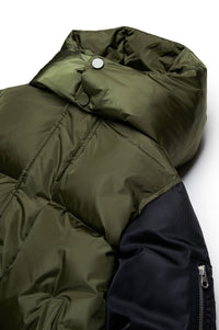 Long hooded down jacket - Olive Green & Black
