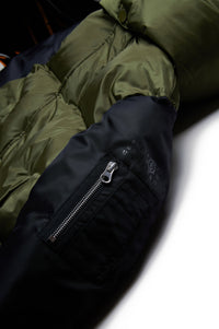 Long hooded down jacket - Olive Green & Black