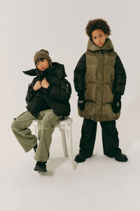 Long hooded down jacket - Olive Green & Black