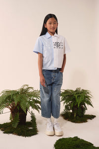 Asymmetric short-sleeved shirt - Light Blue & White