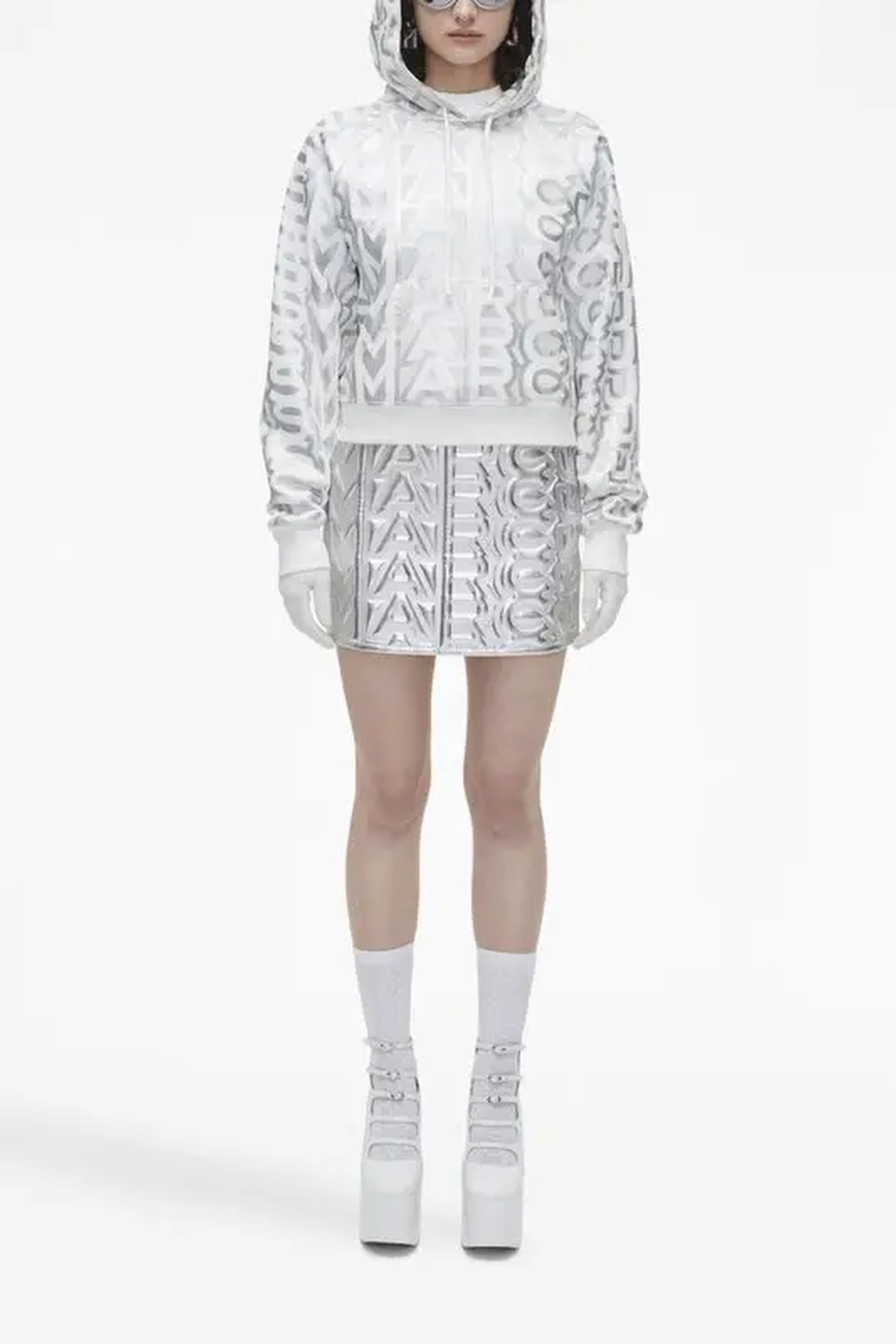 Sweat à capuche court Icône Monogram - Silver & Bright White