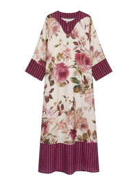 Robe kaftan long imprimé roses en soie - Crema Fantasia Bordeaux