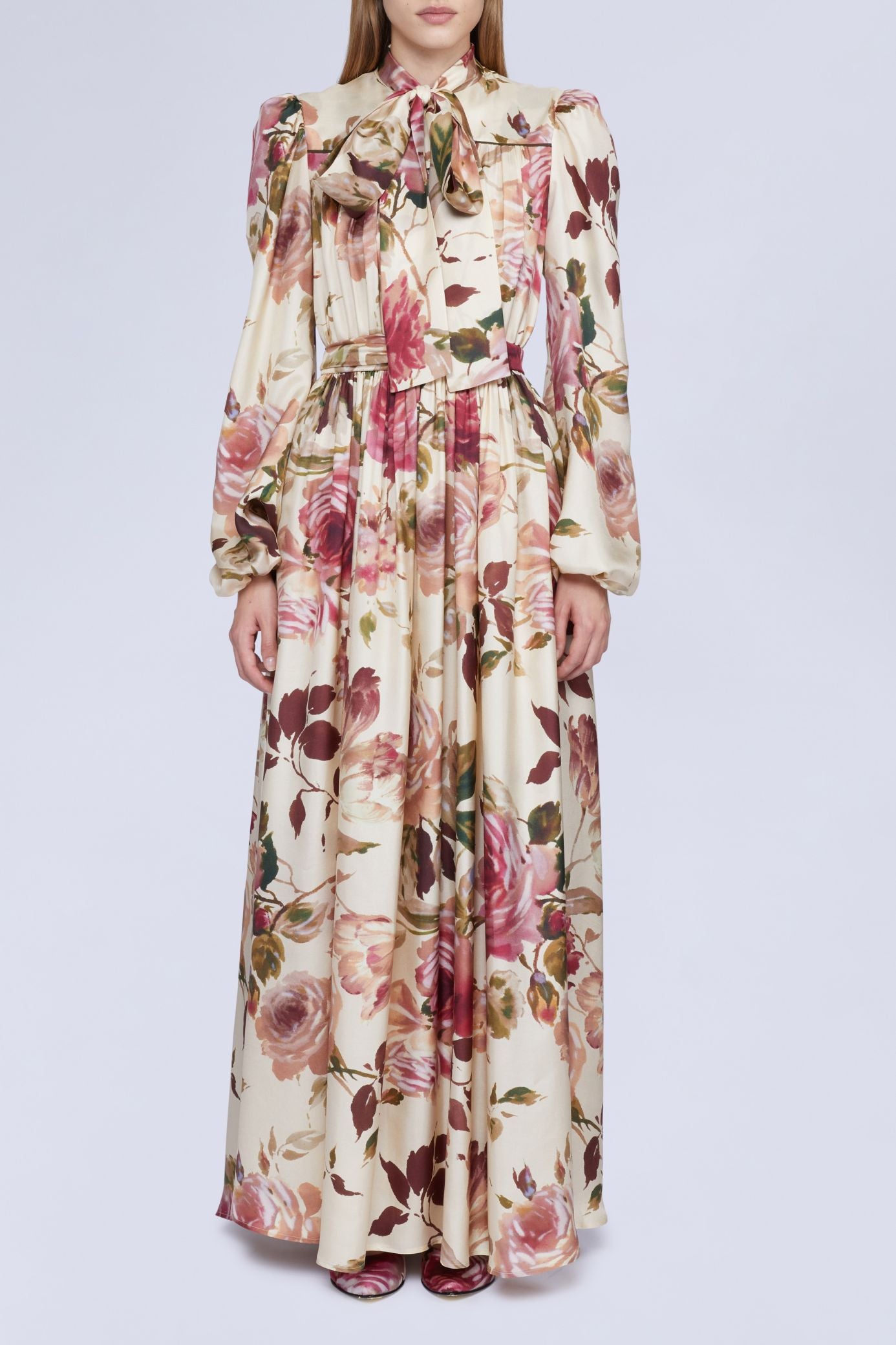 NEW OFFER ROBE LONGUE IMPRIMÉ ROSES NŒUD AU COL
