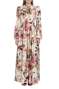 Robe longue imprimé roses nœud au col en soie  - Crema Fantasia Bordeaux
