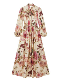 Robe longue imprimé roses nœud au col en soie  - Crema Fantasia Bordeaux