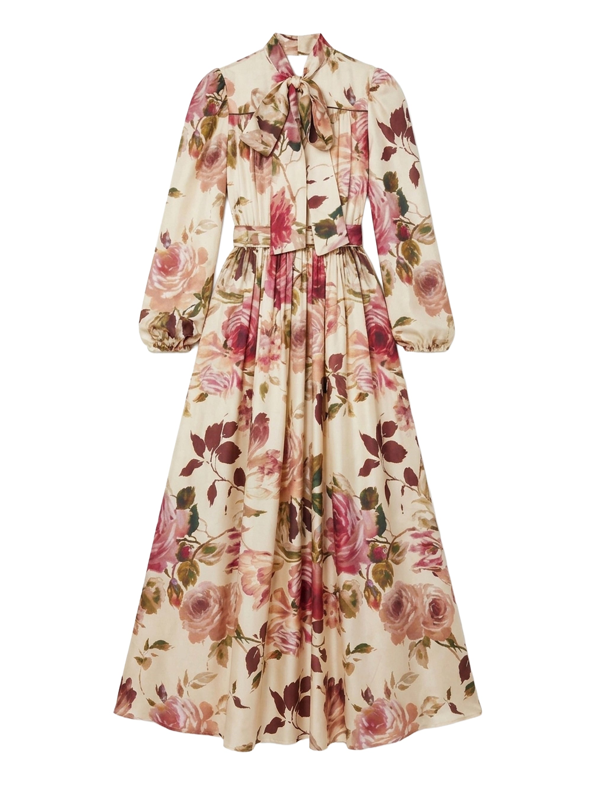 Robe longue imprimé roses nœud au col en soie  - Crema Fantasia Bordeaux