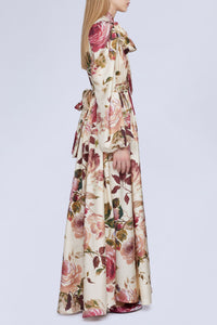 NEW OFFER ROBE LONGUE IMPRIMÉ ROSES NŒUD AU COL