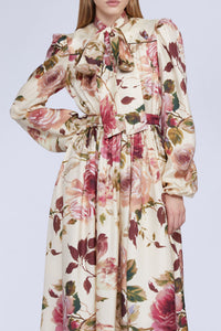 NEW OFFER ROBE LONGUE IMPRIMÉ ROSES NŒUD AU COL