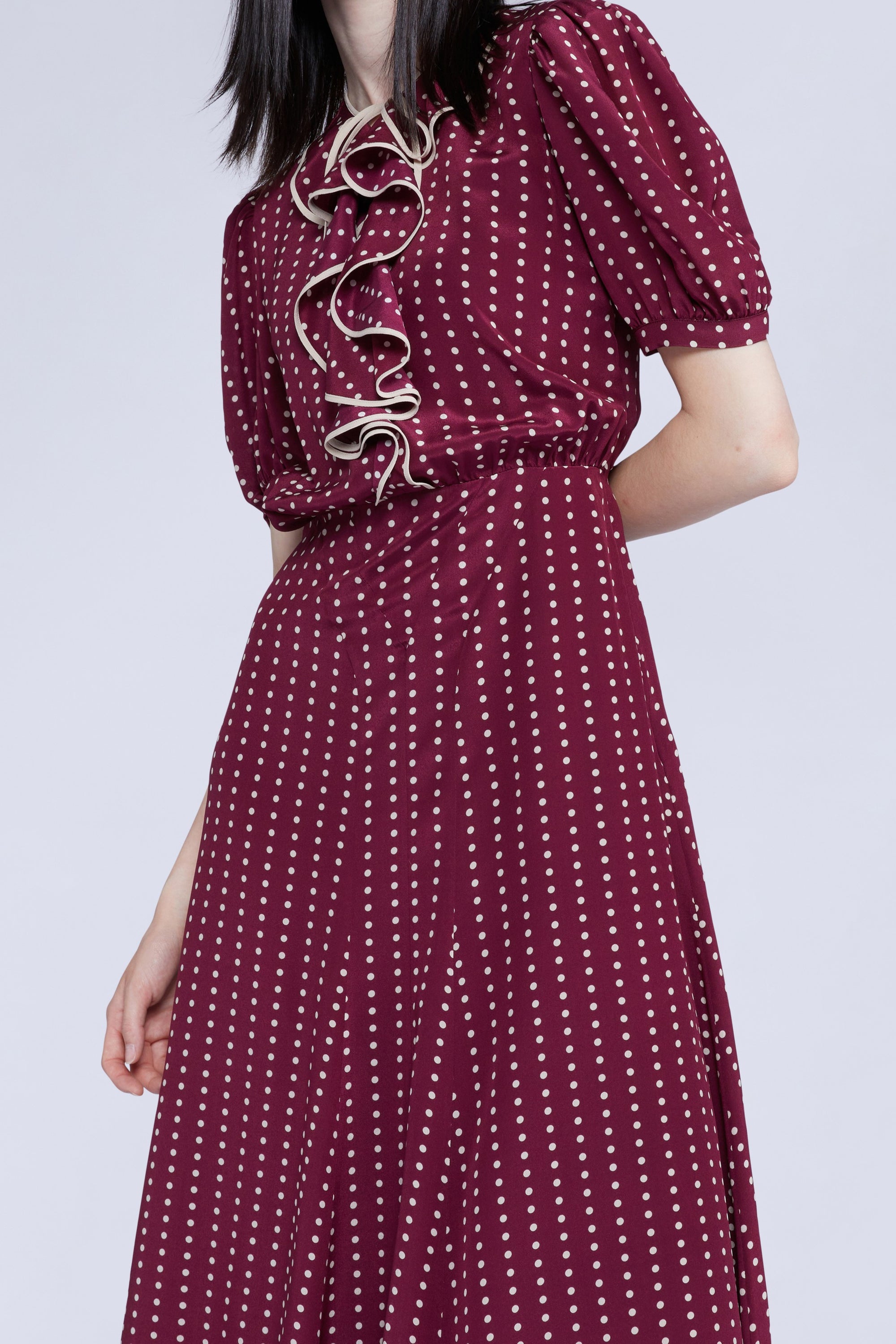Robe longue à pois manches courtes en soie - Bordeaux & Bianco