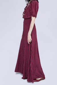 Robe longue à pois manches courtes en soie - Bordeaux & Bianco