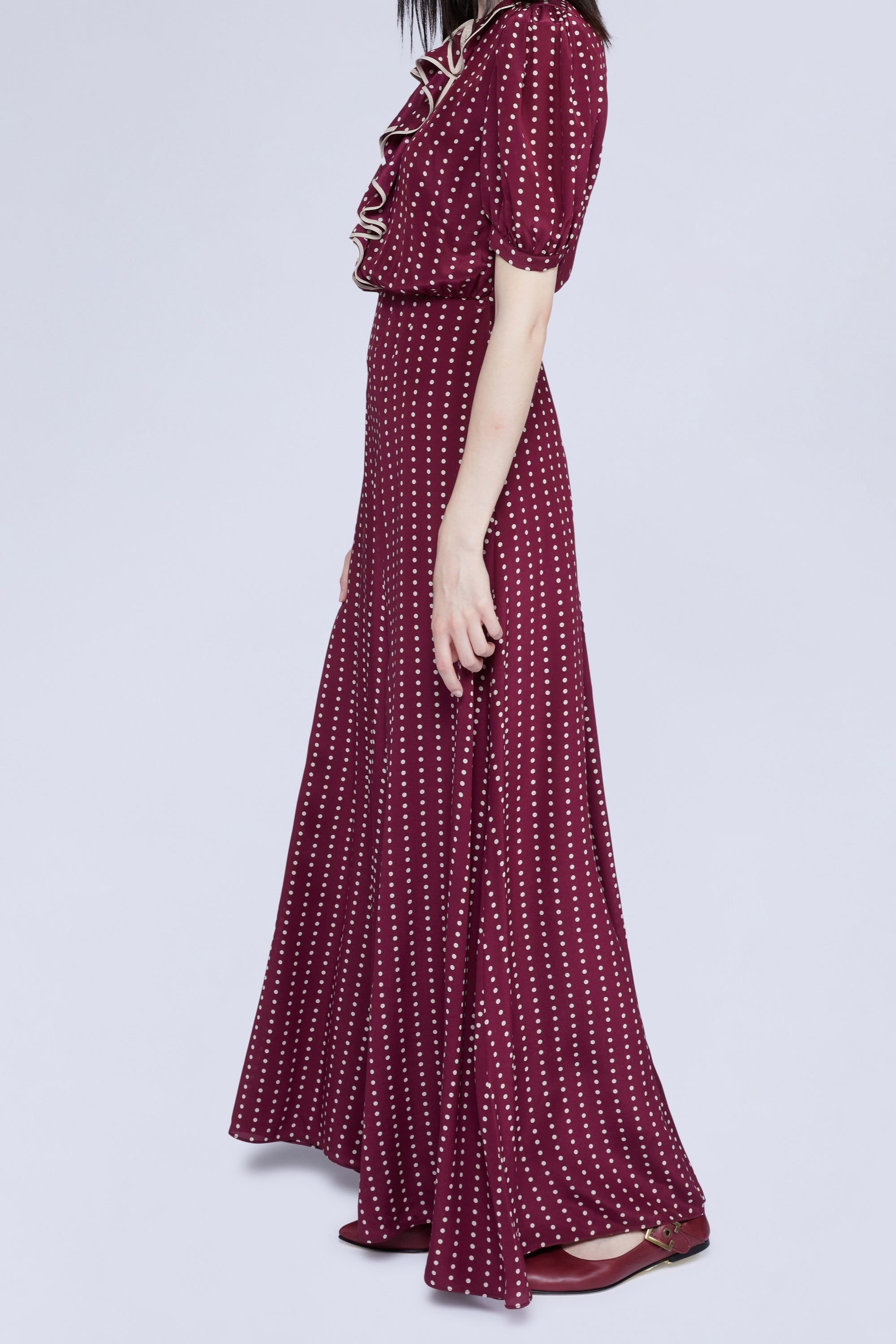 Robe longue à pois manches courtes en soie - Bordeaux & Bianco