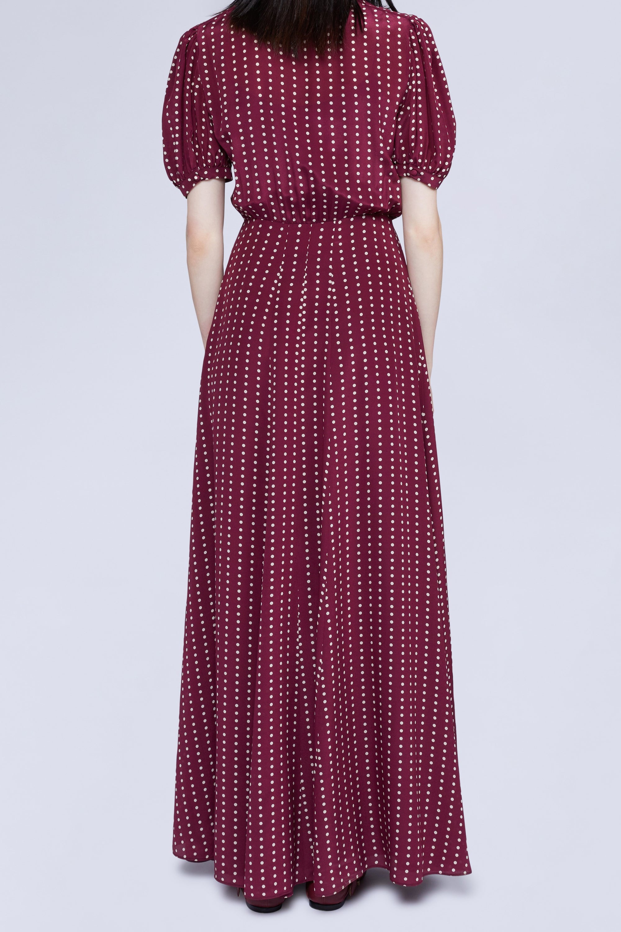 Robe longue à pois manches courtes en soie - Bordeaux & Bianco