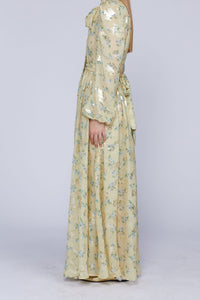 ROBE LONGUE JAUNE AVEC NŒUD AU COL