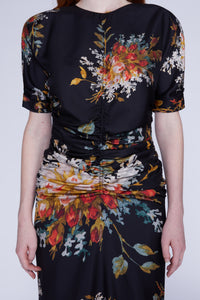 Robe avec plissé devant et manches courtes en soie - Nero Fantasia