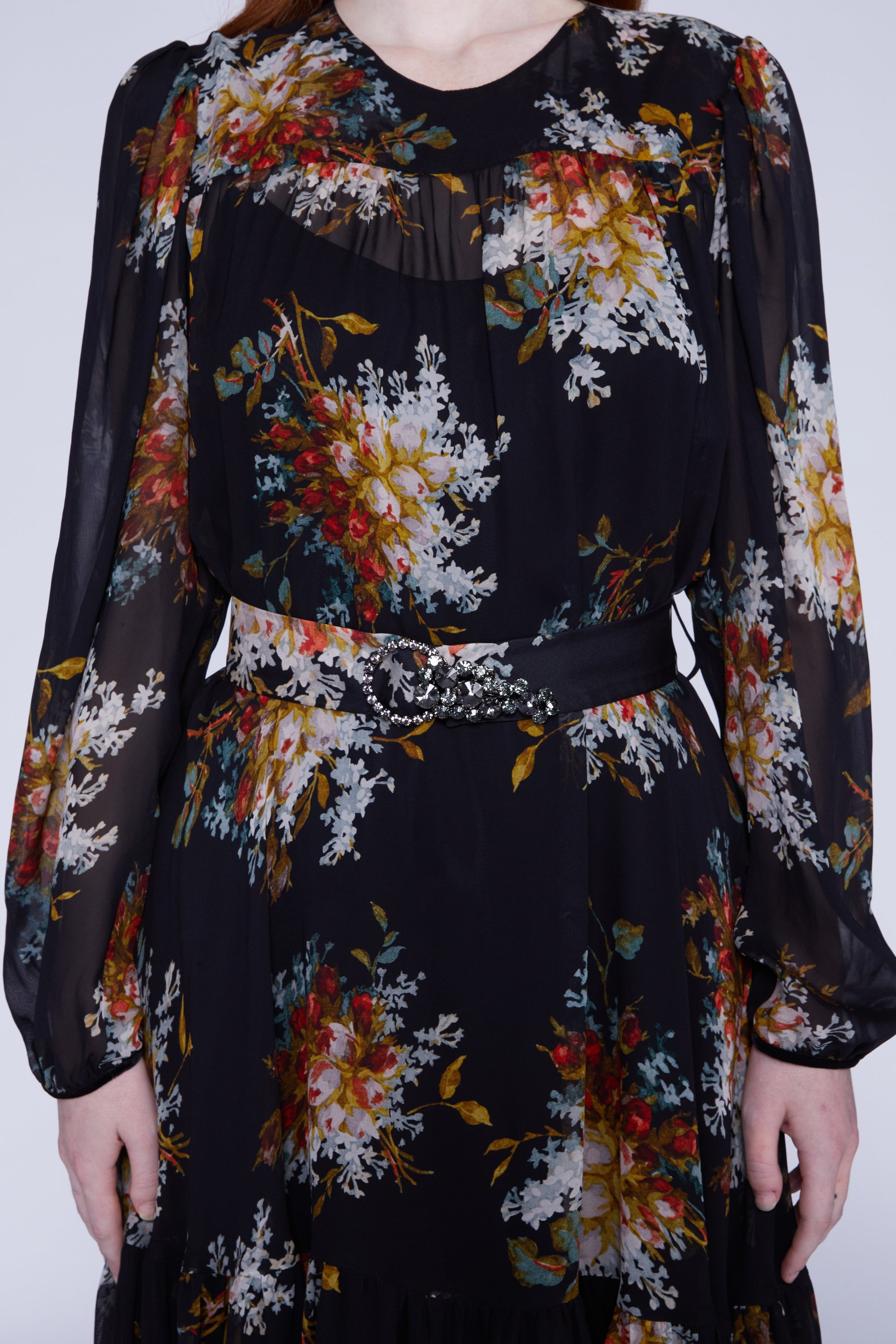 Robe avec ceinture bijou et manches longues - Nero Fantasia