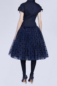 Robe midi coupe bas de taille et jupe en organza à pois - Blu & Nero