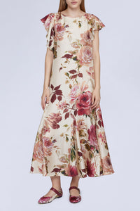 NEW OFFER ROBE MIDI IMPRIMÉ ROSES AVEC DÉTAIL VOLANT SUR LE CÔTÉ