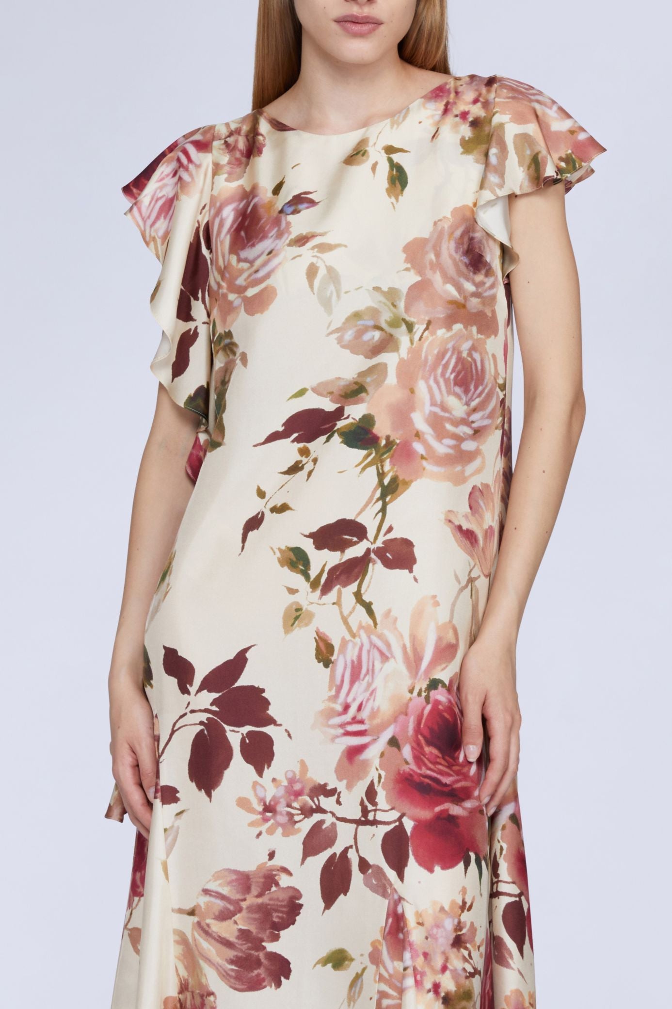 NEW OFFER ROBE MIDI IMPRIMÉ ROSES AVEC DÉTAIL VOLANT SUR LE CÔTÉ
