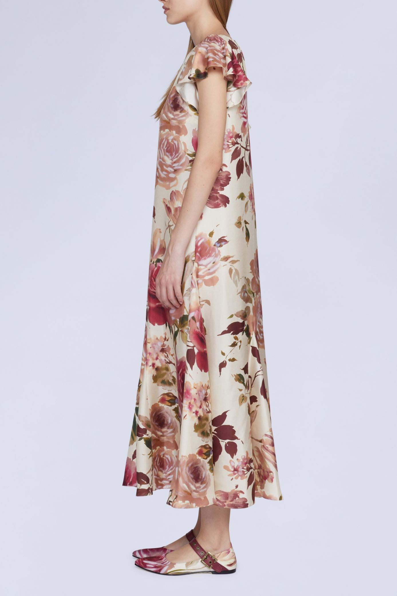 NEW OFFER ROBE MIDI IMPRIMÉ ROSES AVEC DÉTAIL VOLANT SUR LE CÔTÉ
