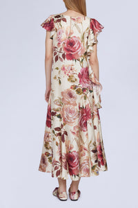 NEW OFFER ROBE MIDI IMPRIMÉ ROSES AVEC DÉTAIL VOLANT SUR LE CÔTÉ