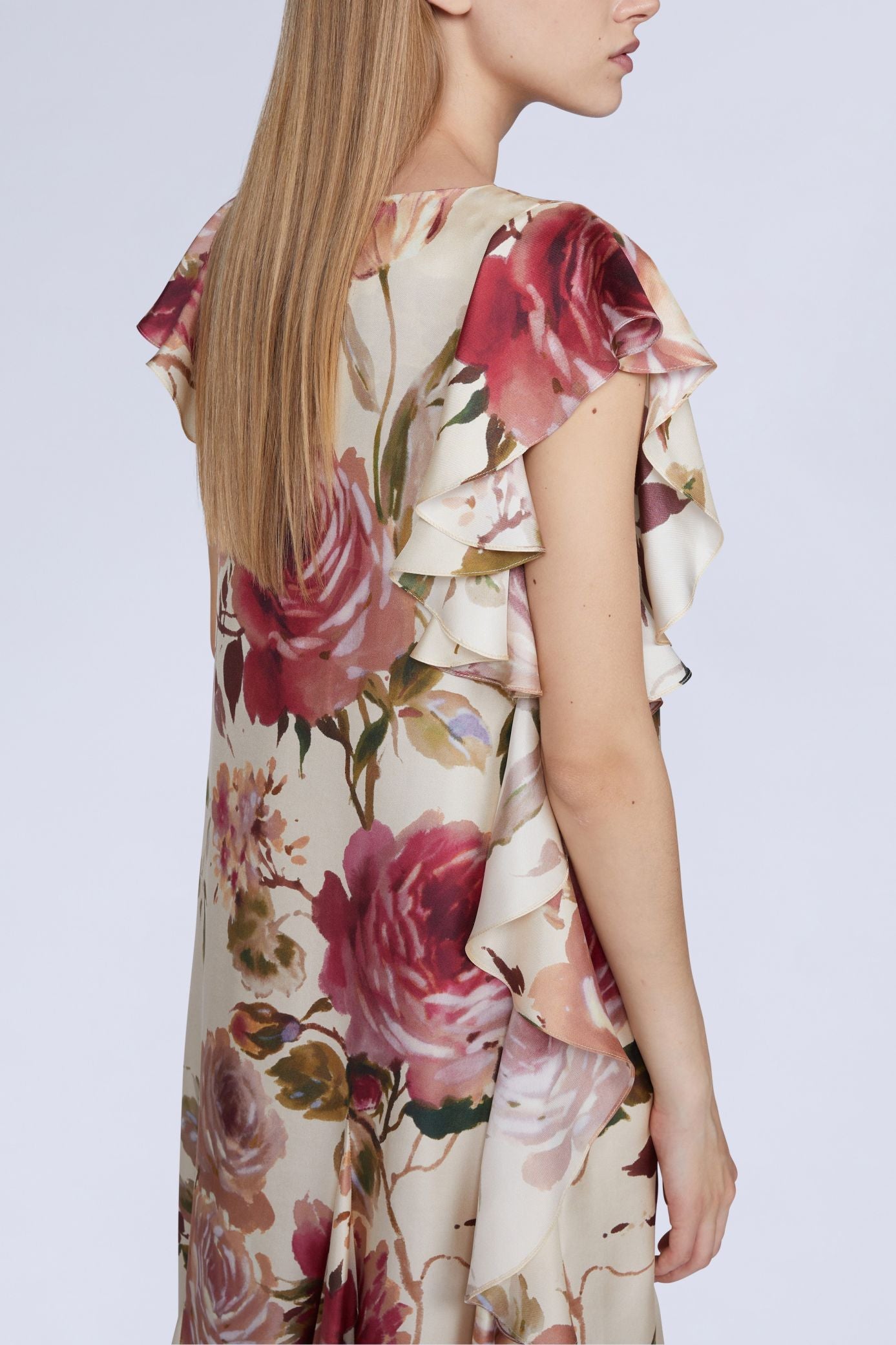 NEW OFFER ROBE MIDI IMPRIMÉ ROSES AVEC DÉTAIL VOLANT SUR LE CÔTÉ
