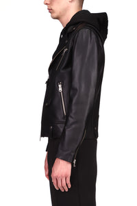 Black Men's Hooded Leather Jacket
