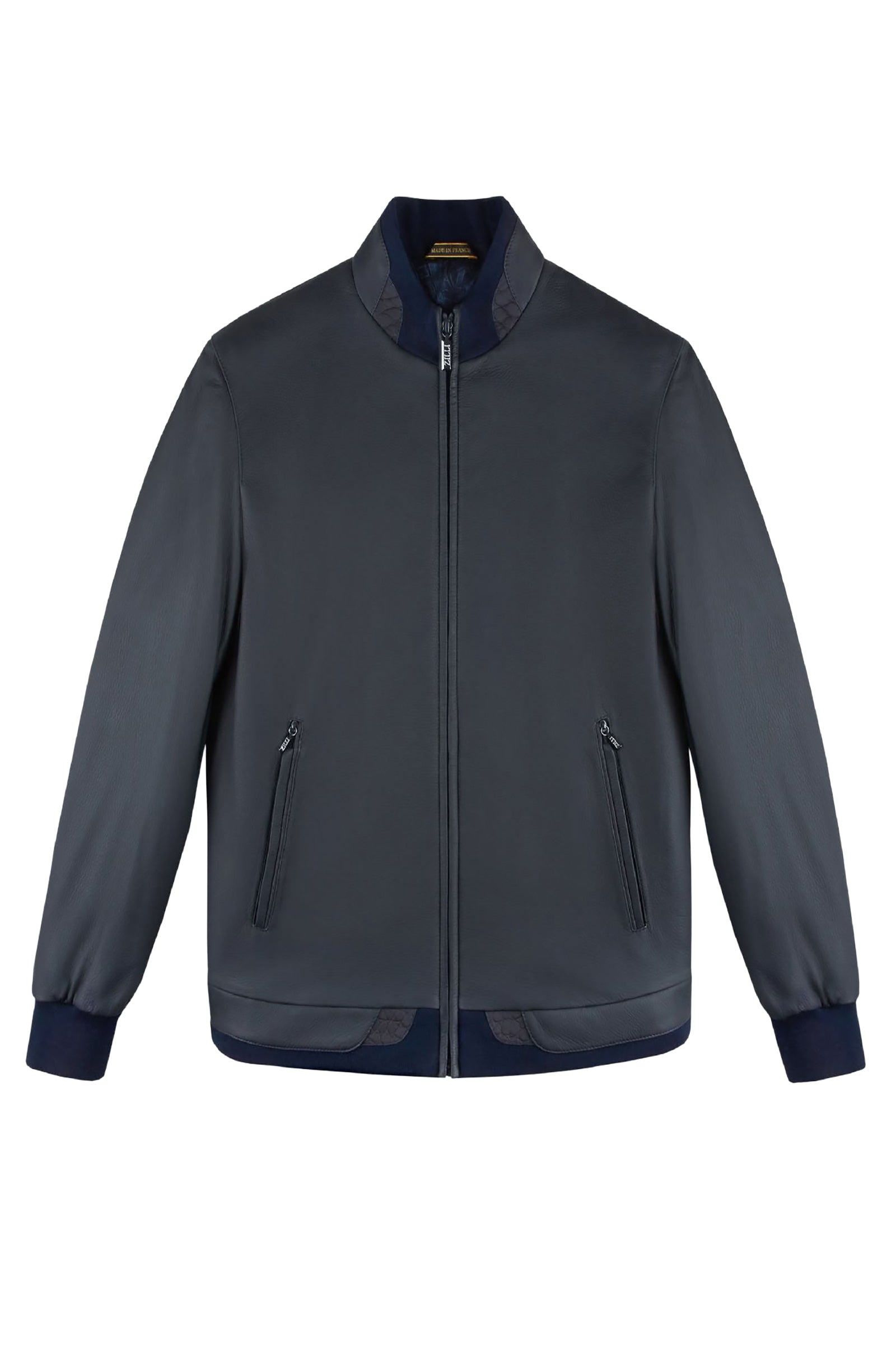 Bomber à empiècements texturés en cuir exotique - Marine