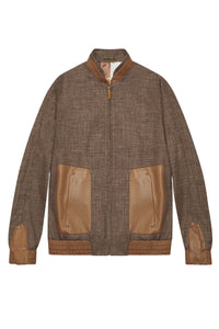 Bomber à poches bi-matière en cuir - Marron & Camel