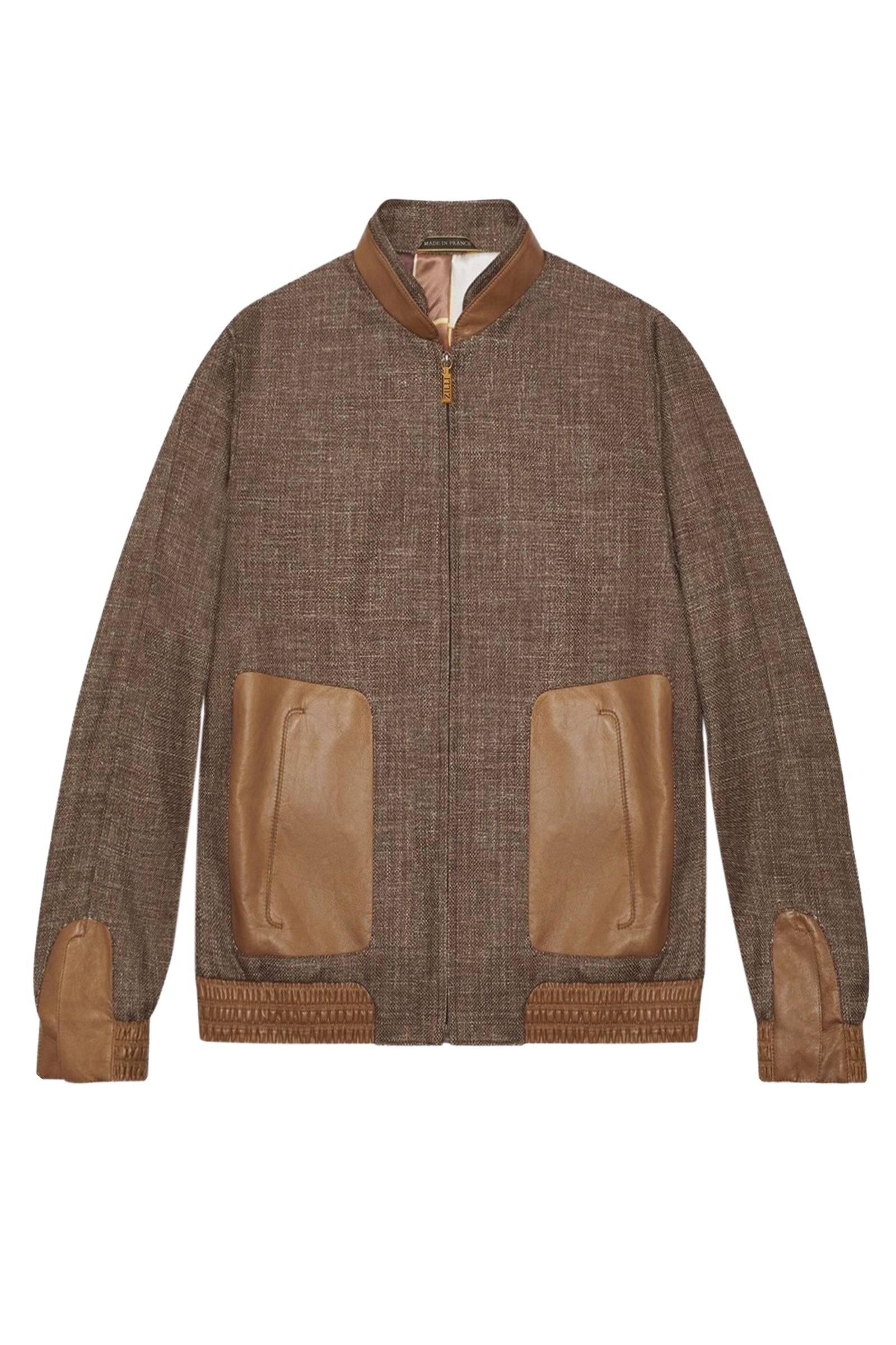 Bomber à poches bi-matière en cuir - Marron & Camel