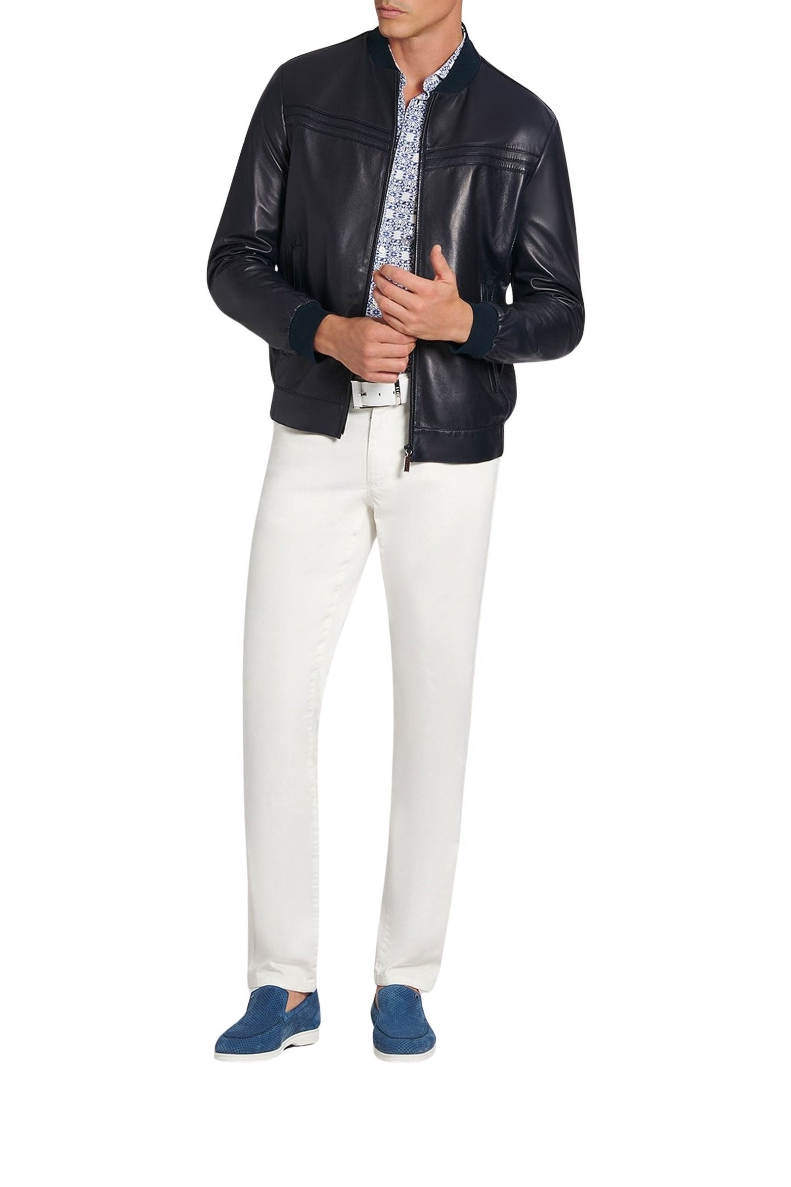 Veste bomber à surpiqûres en cuir - Bleu