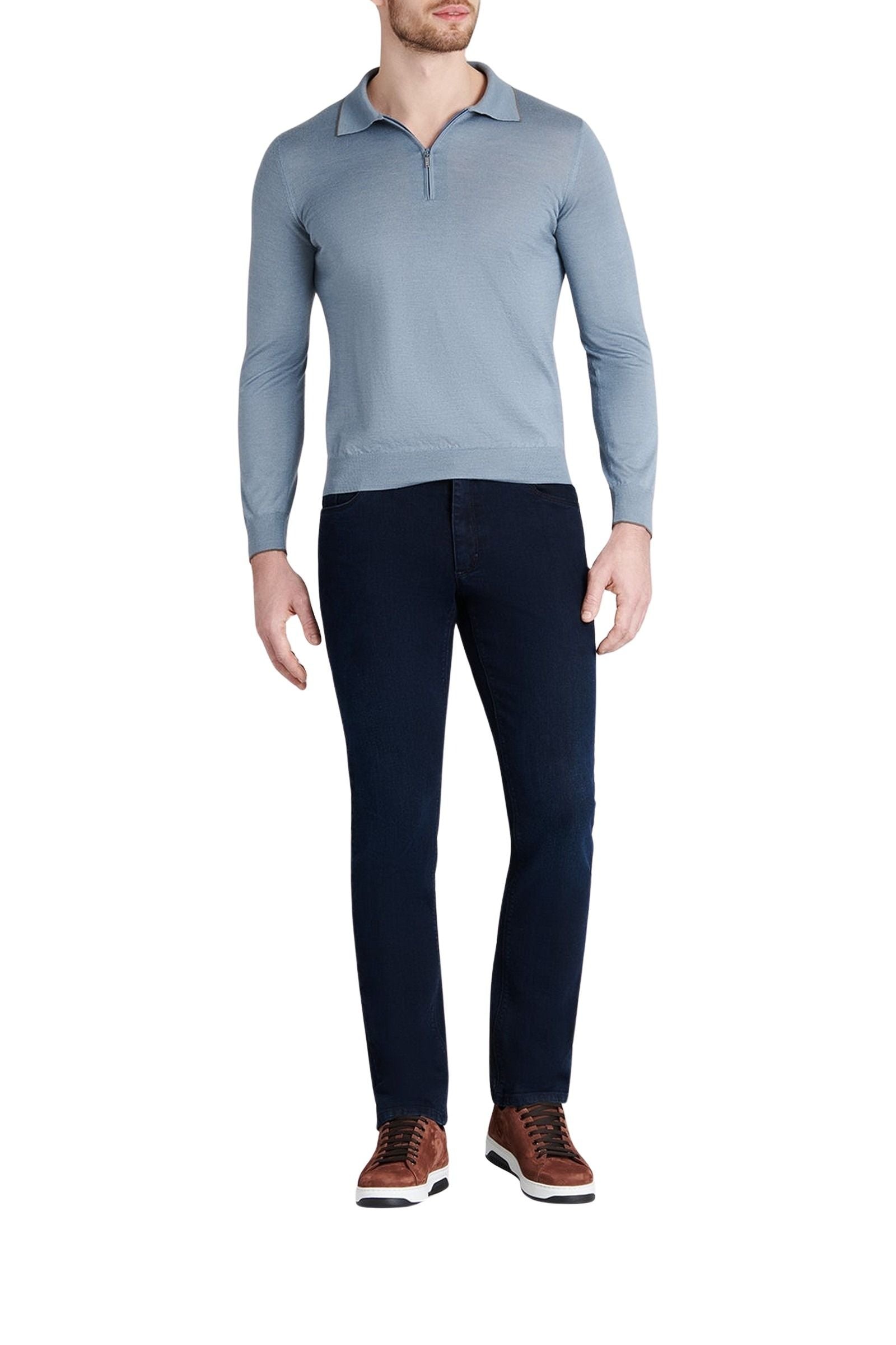 Ribbed zip polo shirt in wool - Blue