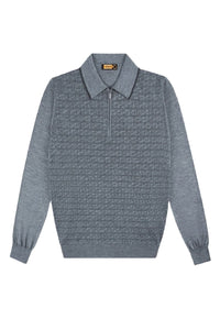 Polo-pull à motif texturé zippé en laine - Gris