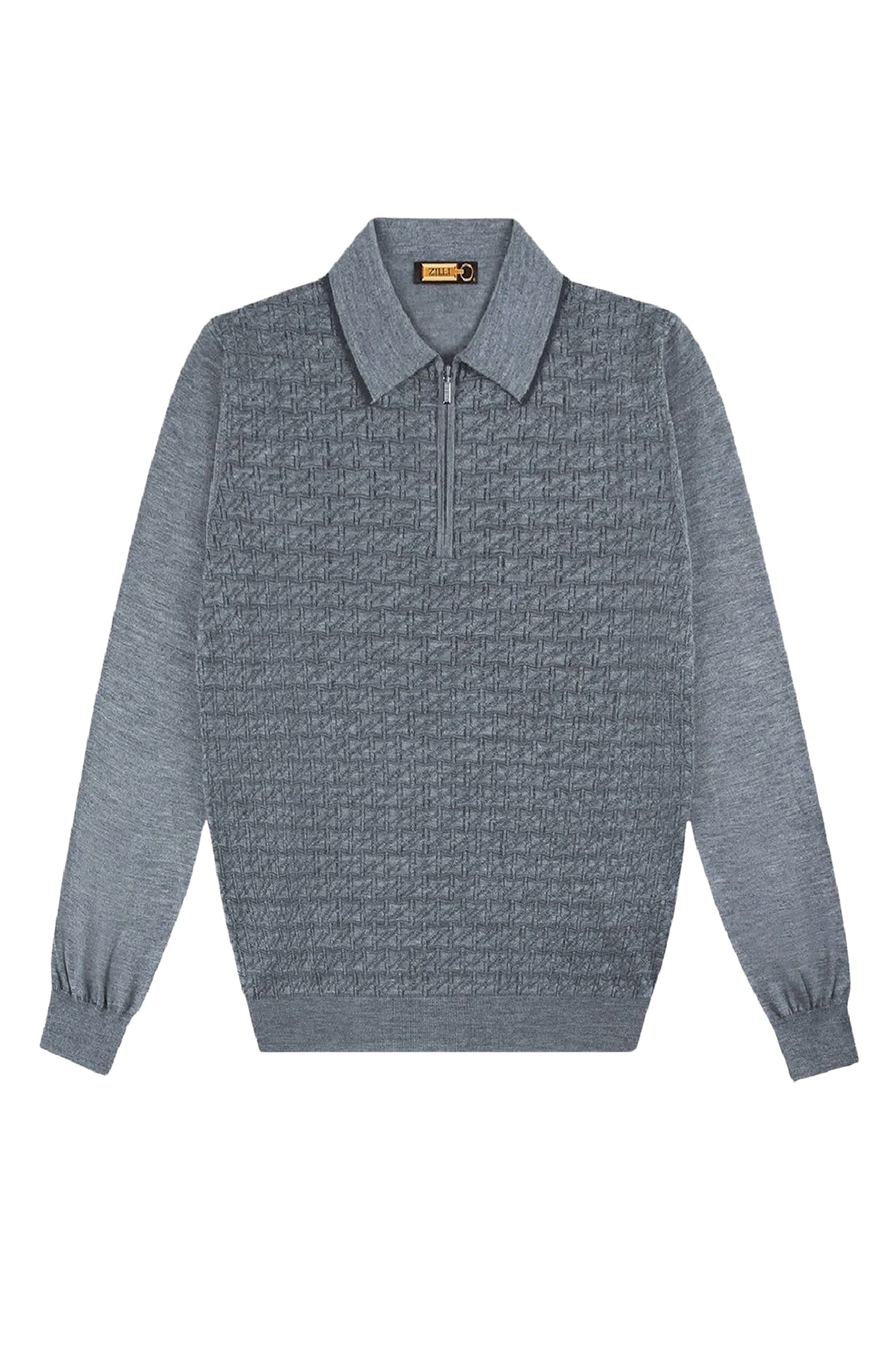 Polo-pull à motif texturé zippé en laine - Gris